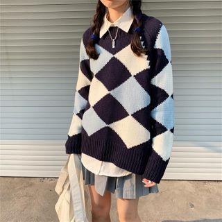 Argyle Print Sweater Sapphire Blue - One Size
