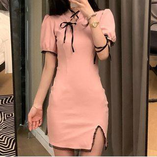 Puff-sleeve Tie-strap Mini Bodycon Dress