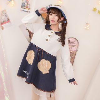 Shell Applique Collared Long Sleeve Dress