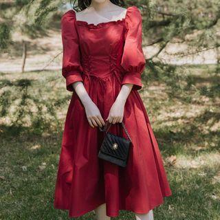 Plain 3/4-sleeve Ruffle Trim Midi A-line Dress