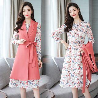 Set: Long Vest + Floral Print A-line Dress