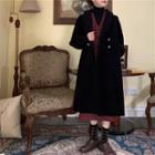 Double-breasted Long Velvet Coat / Buttoned Houndstooth Vest / Midi Skirt