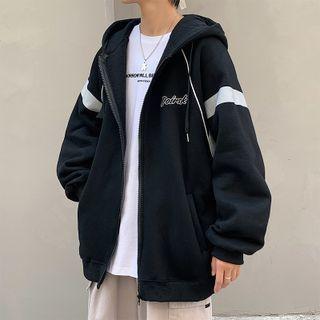 Long-sleeve Letter Embroidered Two-tone Zipped Hooded Jacket