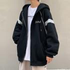 Long-sleeve Letter Embroidered Two-tone Zipped Hooded Jacket