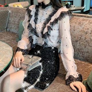 Lace Trim Dotted Mesh Blouse / Glitter Mini A-line Skirt