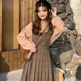 Shirt / Plaid Midi A-line Pinafore Dress