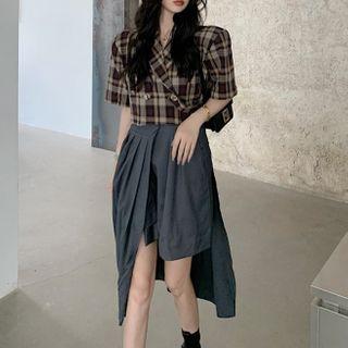 Short-sleeve Plaid Double-breasted Shirt / Asymmetric Midi A-line Skirt