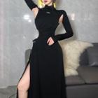 Turtleneck Cutout Slit Maxi A-line Dress