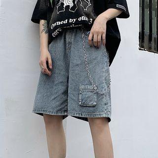 Pocket Detail Wide-leg Denim Shorts