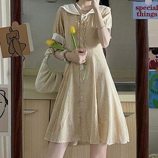 Short-sleeve Sailor Collar Floral Print Mini A-line Dress Yellow - One Size
