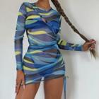 Long-sleeve Geometric Print Drawstring Sheath Dress