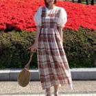 Floral Puff-sleeve Blouse / Plaid Cutout-back Sleeveless Dress