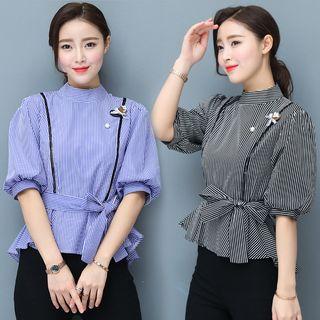 Striped Mock Neck Elbow Sleeve Peplum Top