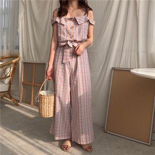 Plaid Off-shoulder Tie Waist Jumpsuit