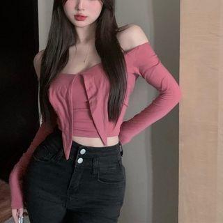 Off-shoulder Crop T-shirt Pink - One Size