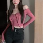 Off-shoulder Crop T-shirt Pink - One Size