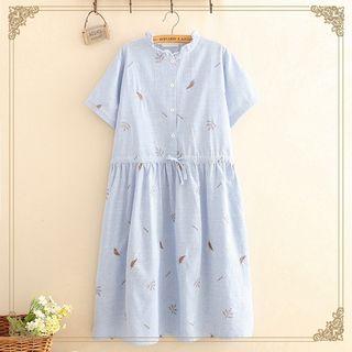 Leaf Embroidered Pinstripe A-line Dress