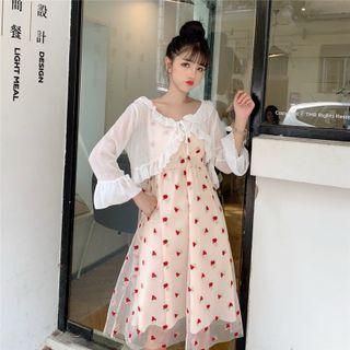 Spaghetti-strap Floral Embroidered Midi A-line Dress Pink - One Size