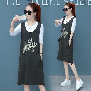 Set: Plain Long Sleeve T-shirt + Lettering Pinafore Dress