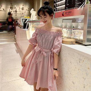 3/4-sleeve Frill Trim Striped A-line Dress