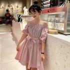 3/4-sleeve Frill Trim Striped A-line Dress