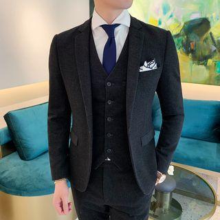 Set: Plaid One Button Blazer + Vest + Dress Pants