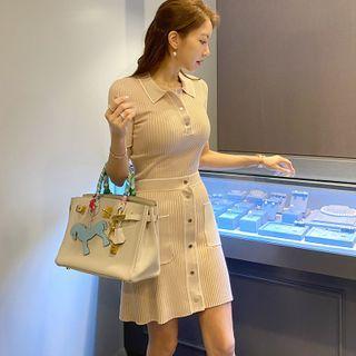 Set: Collared Short-sleeve Knit Top + A-line Skirt Set Of 2 - Beige - One Size