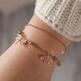 Alloy Flower Dragonfly Layered Bracelet Gold - One Size
