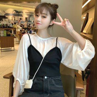 Set: See-through Loose-fit Top + Camisole Top