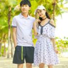 Couple Matching Striped Short-sleeve Polo Shirt / Printed Cold Shoulder Short-sleeve A-line Dress