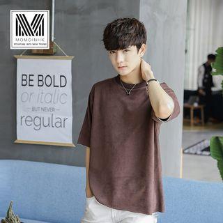 Short-sleeve Loose-fit Crewneck Plain Furry T-shirt