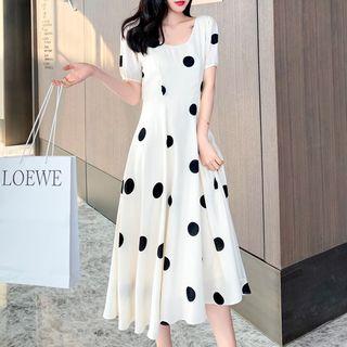 Short-sleeve Dotted Tie-back A-line Midi Dress