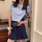 Short-sleeve Butterfly Embroidered Cropped T-shirt / Plaid A-line Mini Skirt