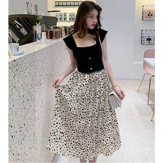 Sleeveless Knit Top / Dotted A-line Midi Skirt