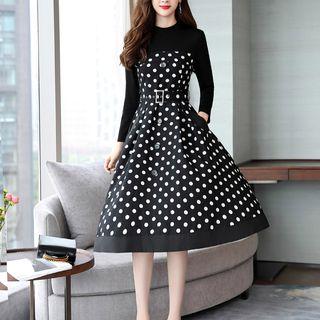 Long-sleeve Polka Dot Panel Midi A-line Dress