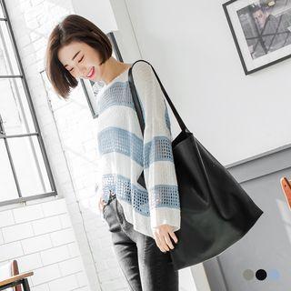 Striped Eyelet-knit Loose Sweater