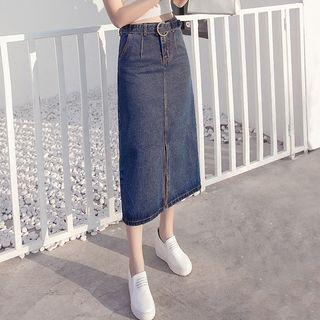 Buckled Midi A-line Denim Skirt