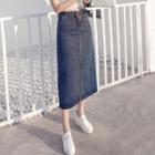 Buckled Midi A-line Denim Skirt