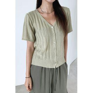 Colored V-neck Pointelle Cardigan
