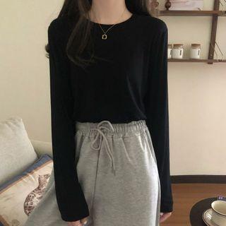 Long Sleeve Round Neck Plain Crop T-shirt