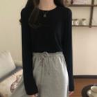 Long Sleeve Round Neck Plain Crop T-shirt