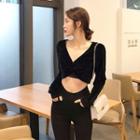Velvet V-neck Long-sleeve Slim-fit Cropped Top