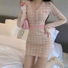 Plaid Knit Dress Plaid - Pink - One Size