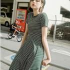 Striped Short-sleeve A-line Dress Dark Green - One Size