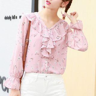 Ruffle Trim Floral Long-sleeve Chiffon Top