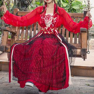 Hanfu Set: Long-sleeve Top + Spaghetti Strap Top + Maxi Skirt