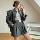 Padded-shoulder Loose Shirt / High-waist Wide-leg Dress Shorts