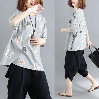 Elbow-sleeve Cat Print Top / Cropped Harem Pants