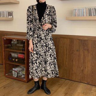 Mock Two-piece Mock-turtleneck Floral Maxi Dress Black & White - One Size