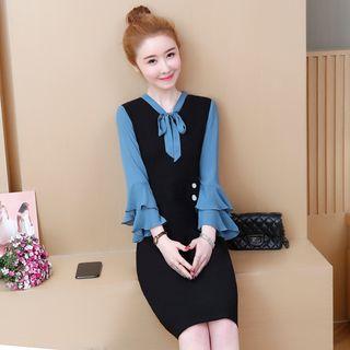 3/4-sleeve Mock Two-piece Ruffled A-line Dress
